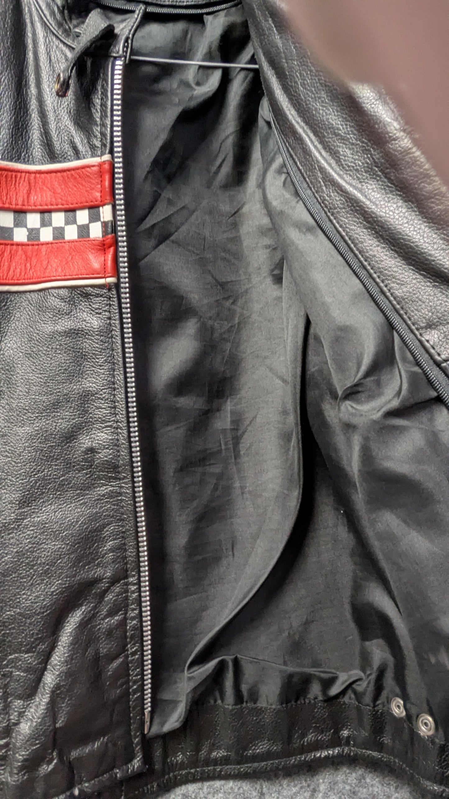 Vintage Black Leather Racing Jacket – Orange & Checker Stripe Detail