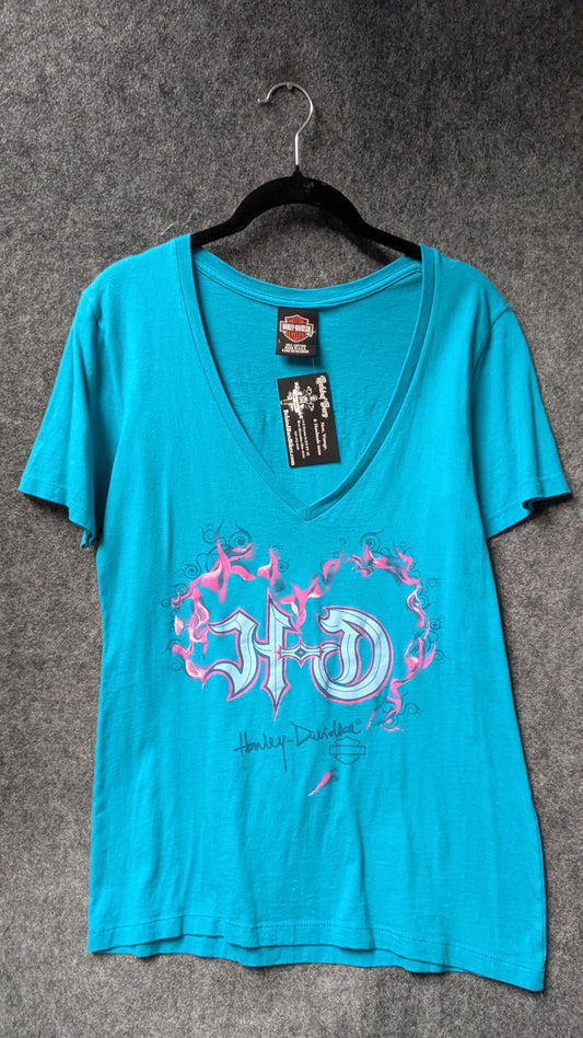 Harley-Davidson Women’s V-Neck Graphic Tee – Turquoise Flames HD Logo – Size L
