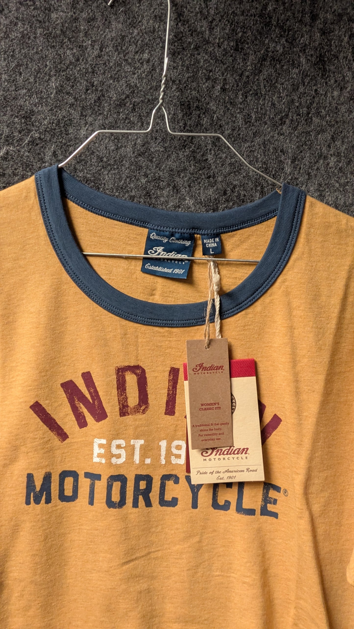 Indian Motorcycle Women’s Classic Fit Ringer Tee – Mustard Gold & Navy – Size L (NWT)
