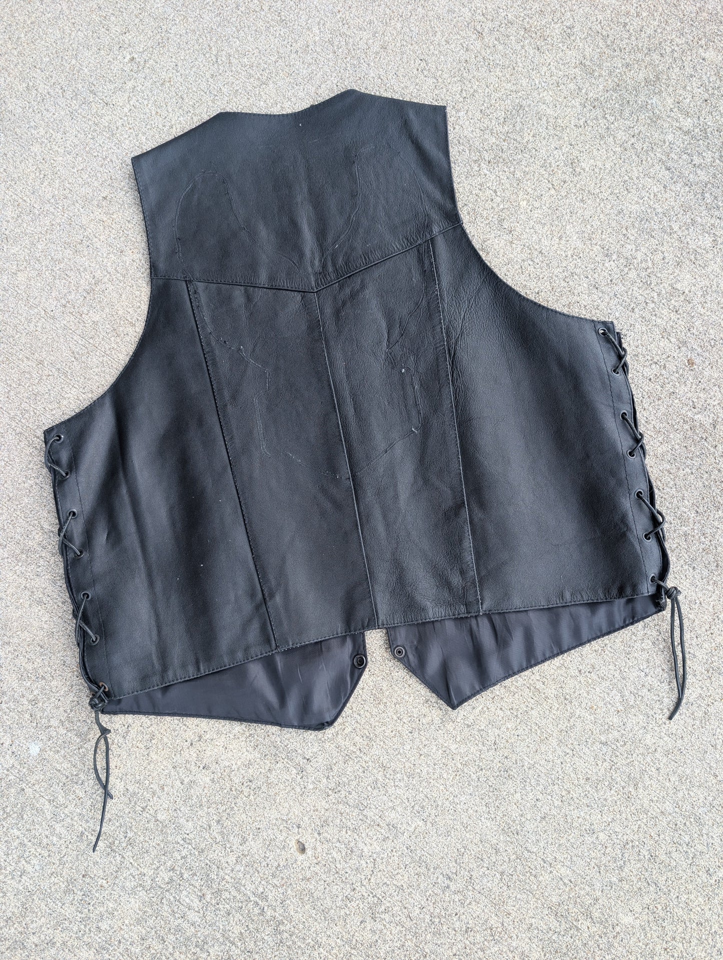 Black Genuine Leather Side Lace Motorcycle Vest (Size 48 / XL)