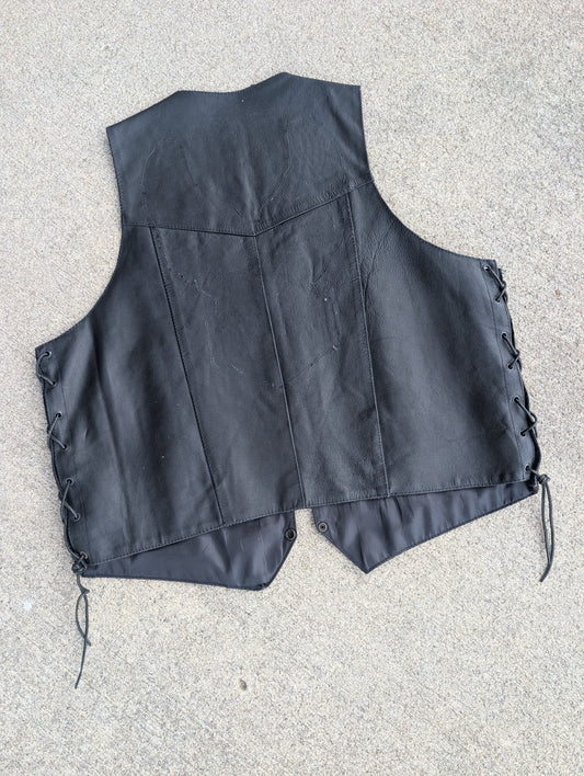 Black Genuine Leather Side Lace Motorcycle Vest (Size 48 / XL)