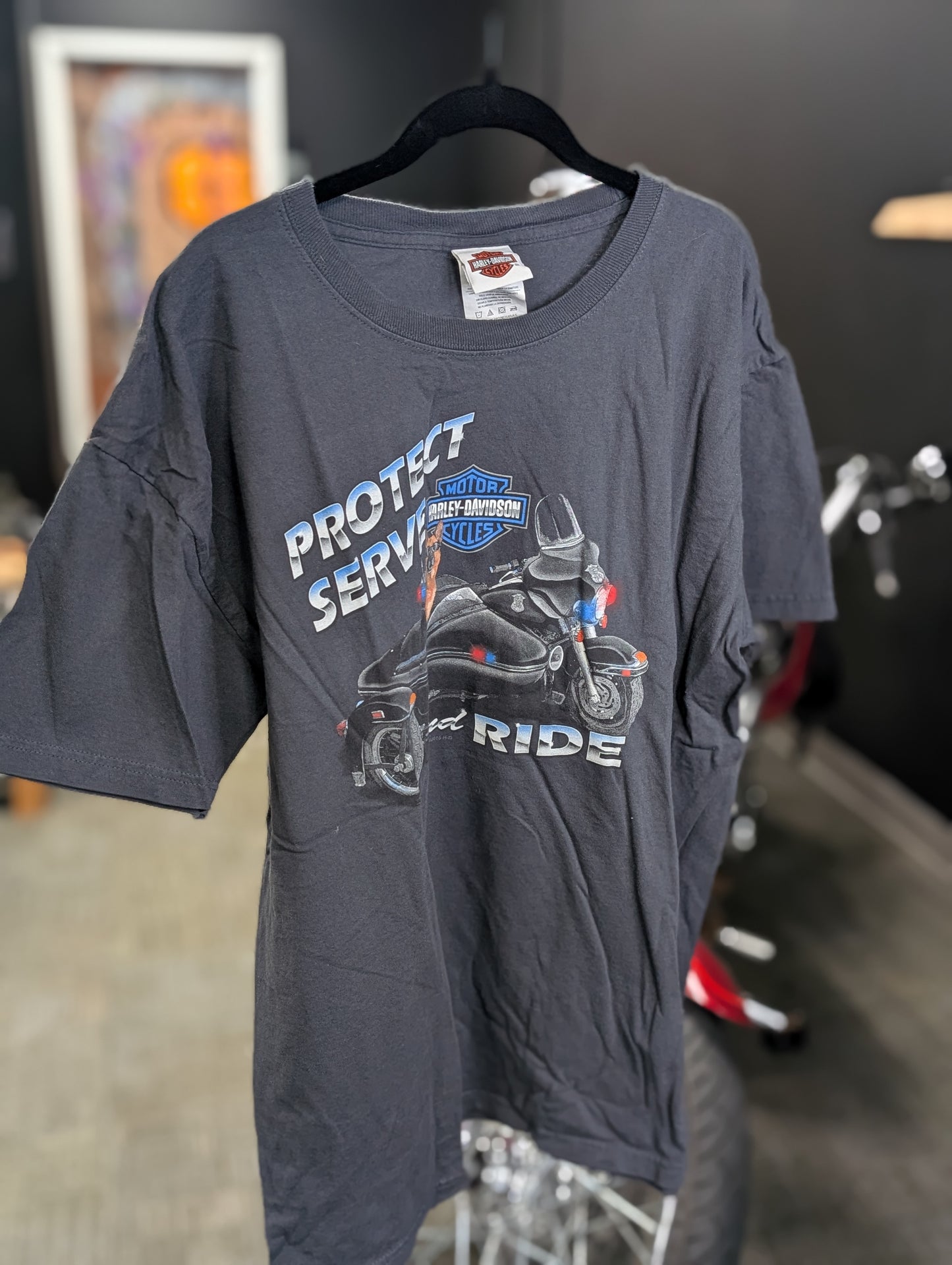 Protect Serve and Ride German Shepherd Police Dog in Sidecar Harley Davidson Stratman XL Men's Tshirt