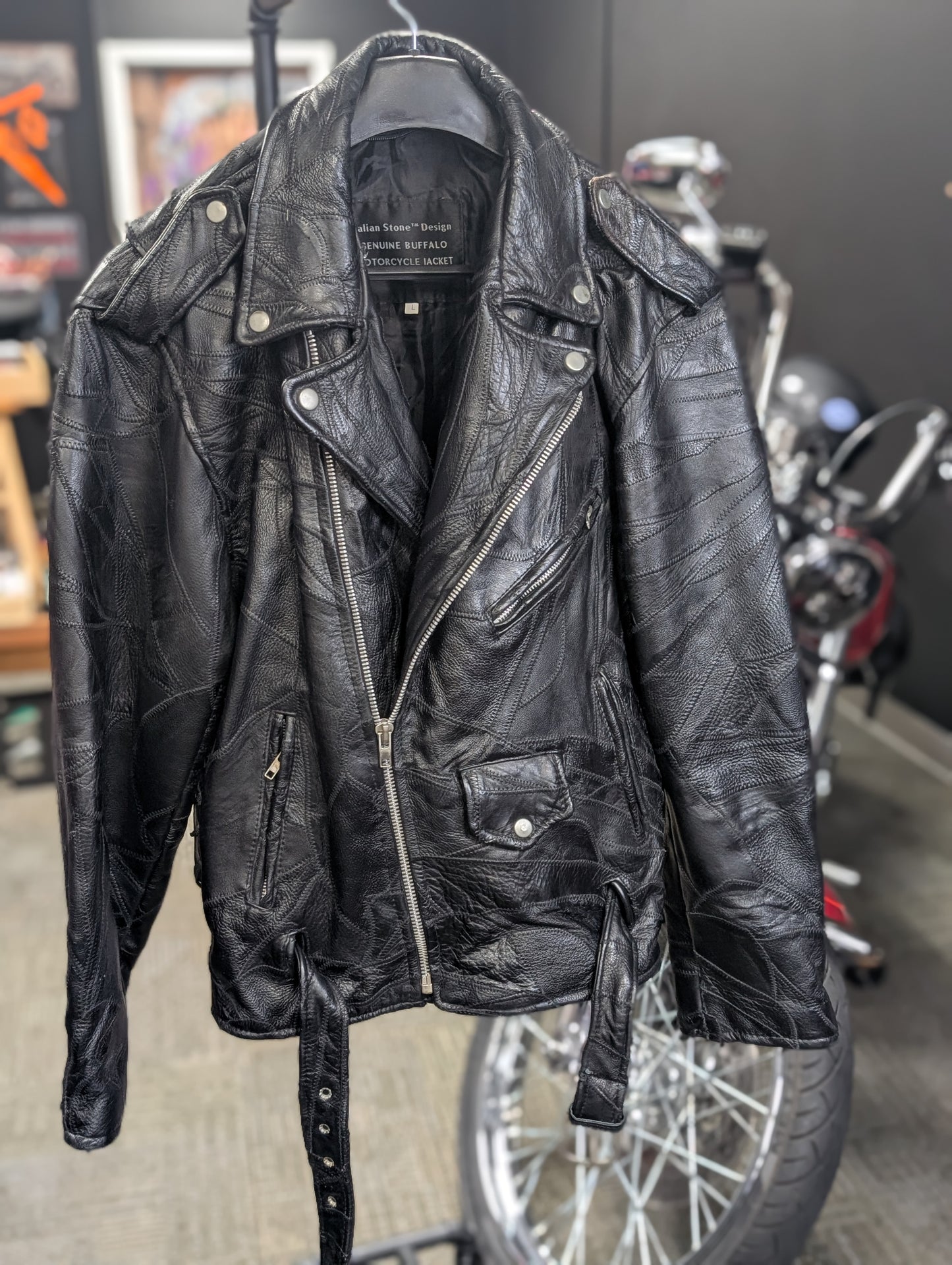 Italian Stone Buffalo Leather Vintage men's Large Motorcycle Jacket