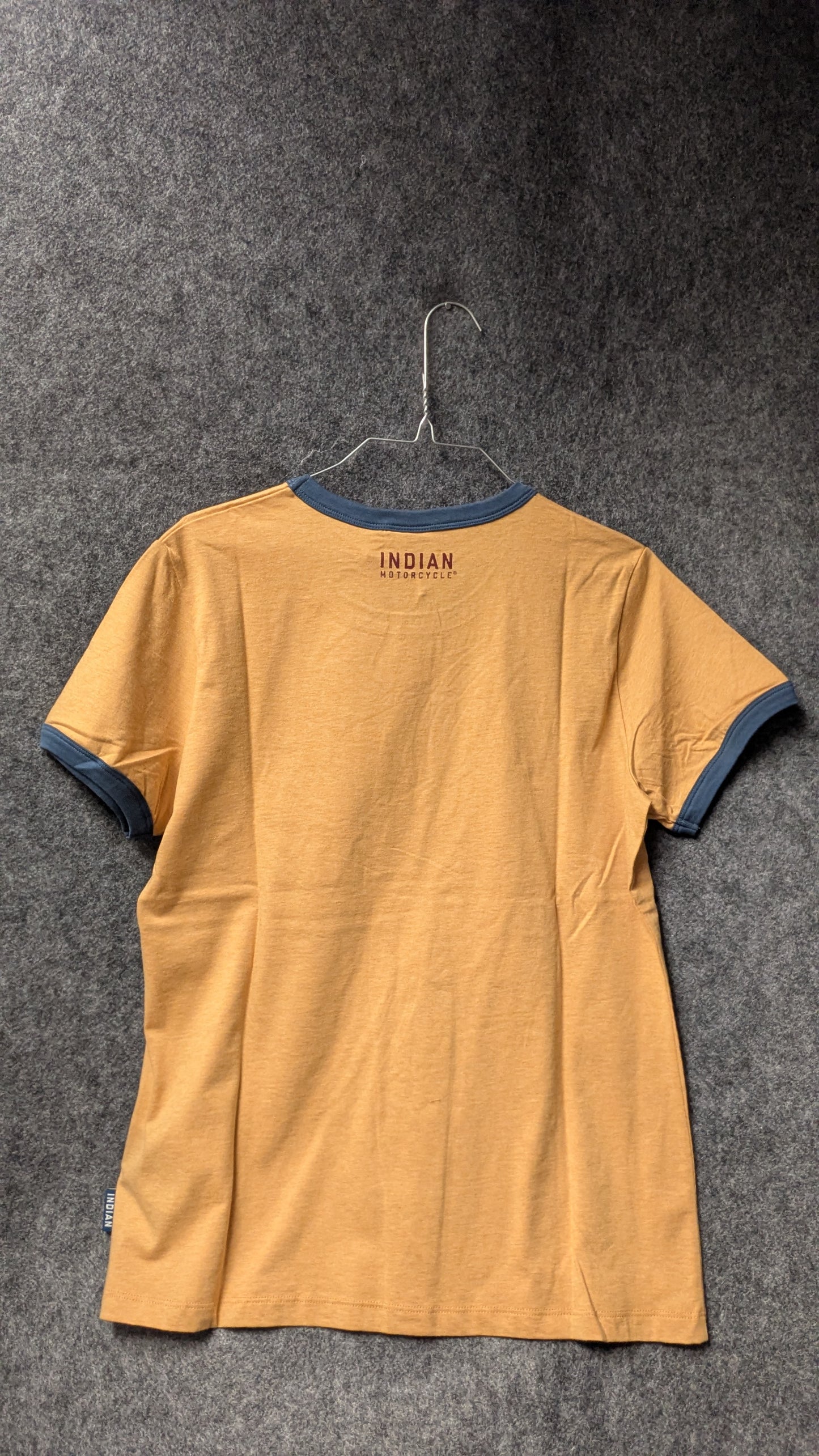Indian Motorcycle Women’s Classic Fit Ringer Tee – Mustard Gold & Navy – Size L (NWT)