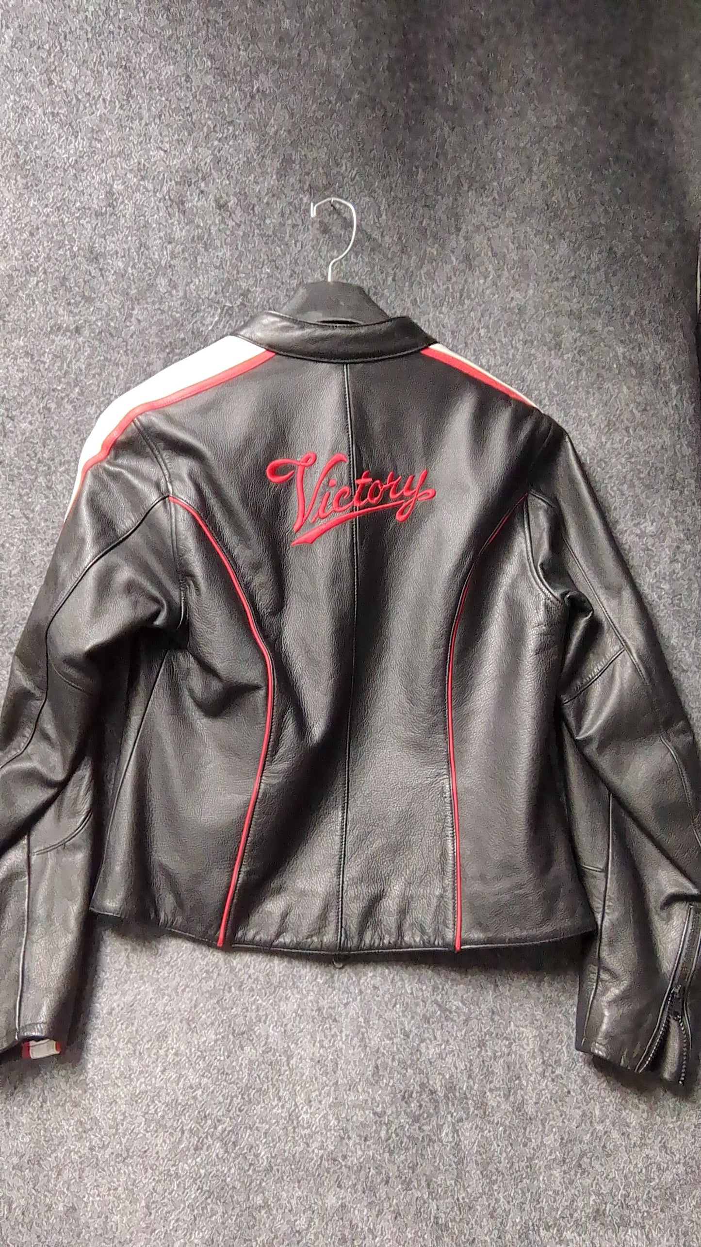 Victory Motorcycles Women’s Leather Riding Jacket – Black with Red & White Accents (Size M)