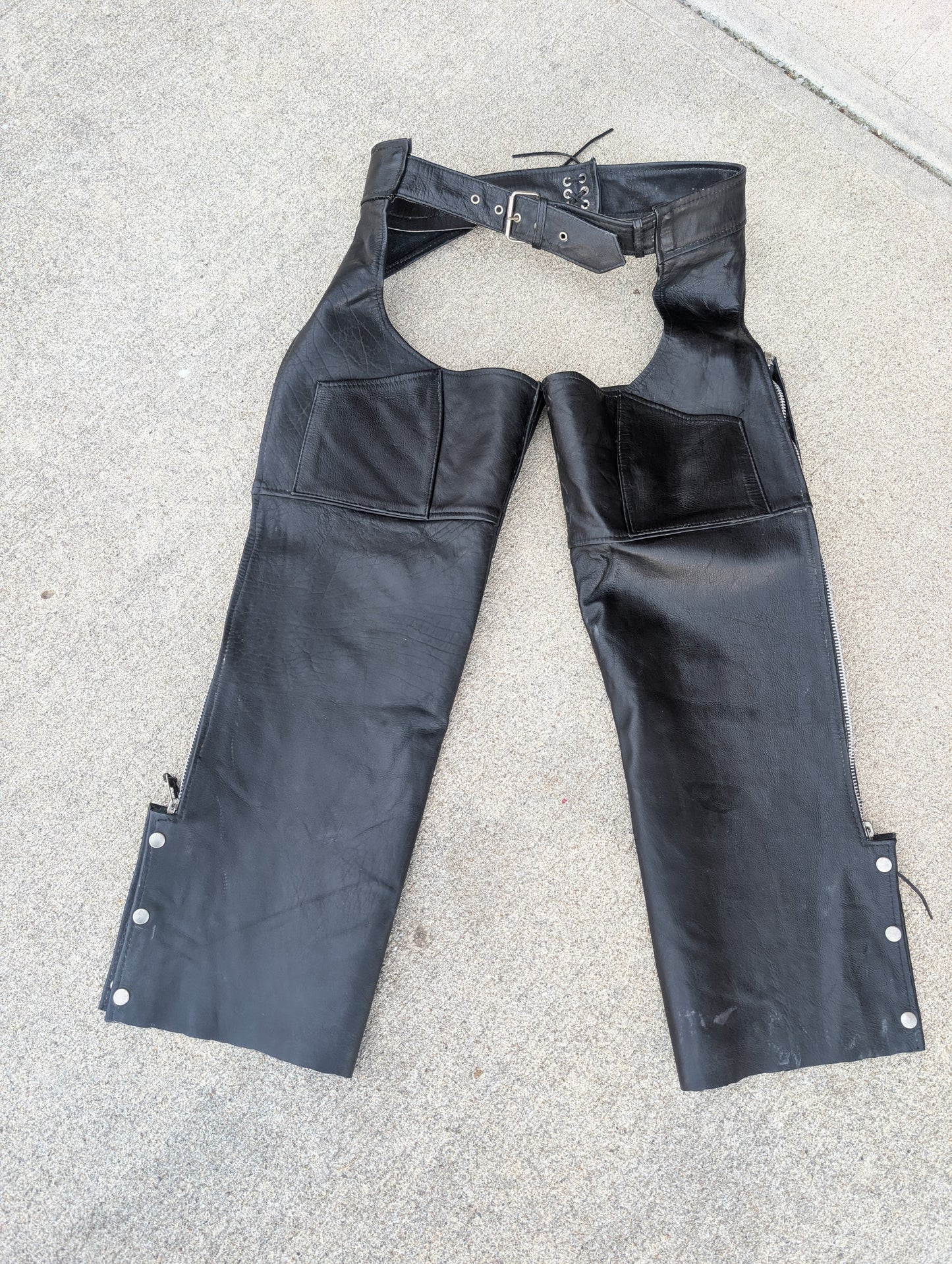 Pegasus Black Leather Motorcycle Riding Chaps – Adjustable Waist size Large