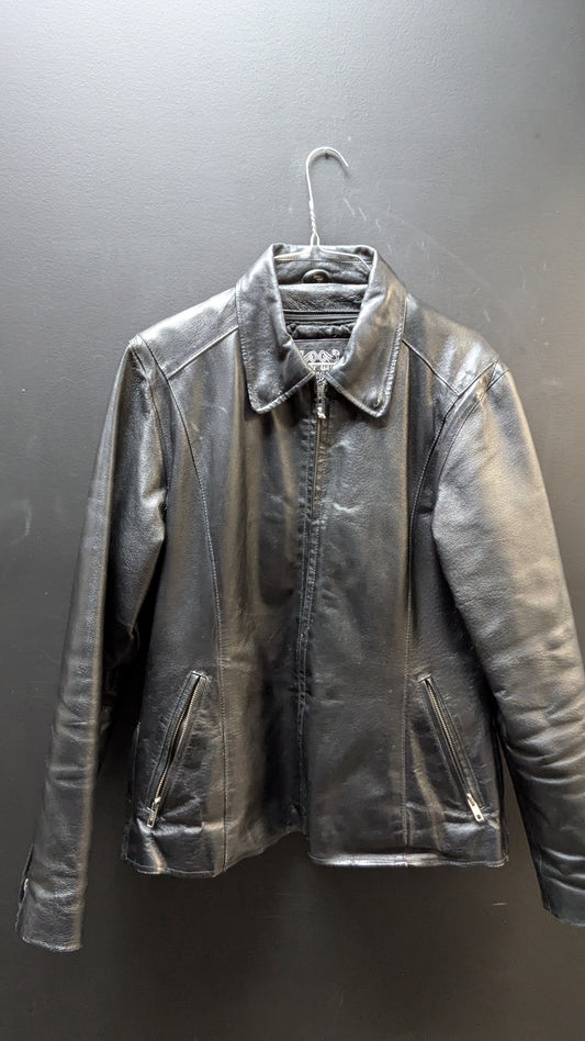 Women’s Black Leather Zip-Front Jacket – Size Large