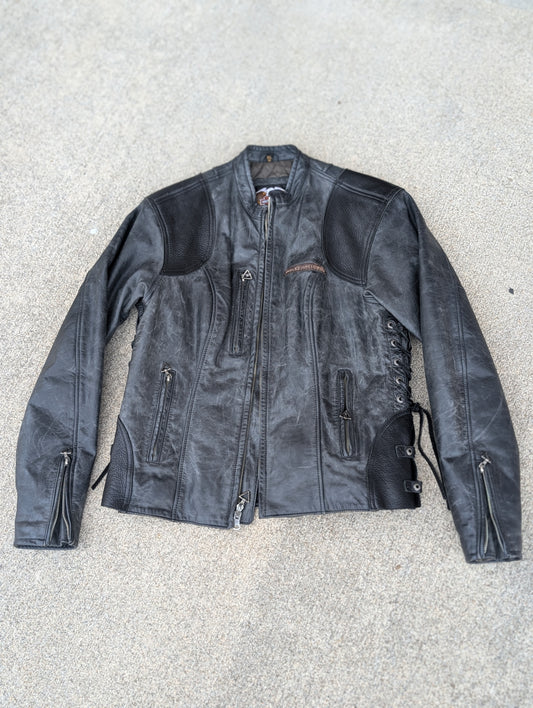Harley-Davidson Women’s Distressed Leather Riding Jacket Lace Side – Size XL