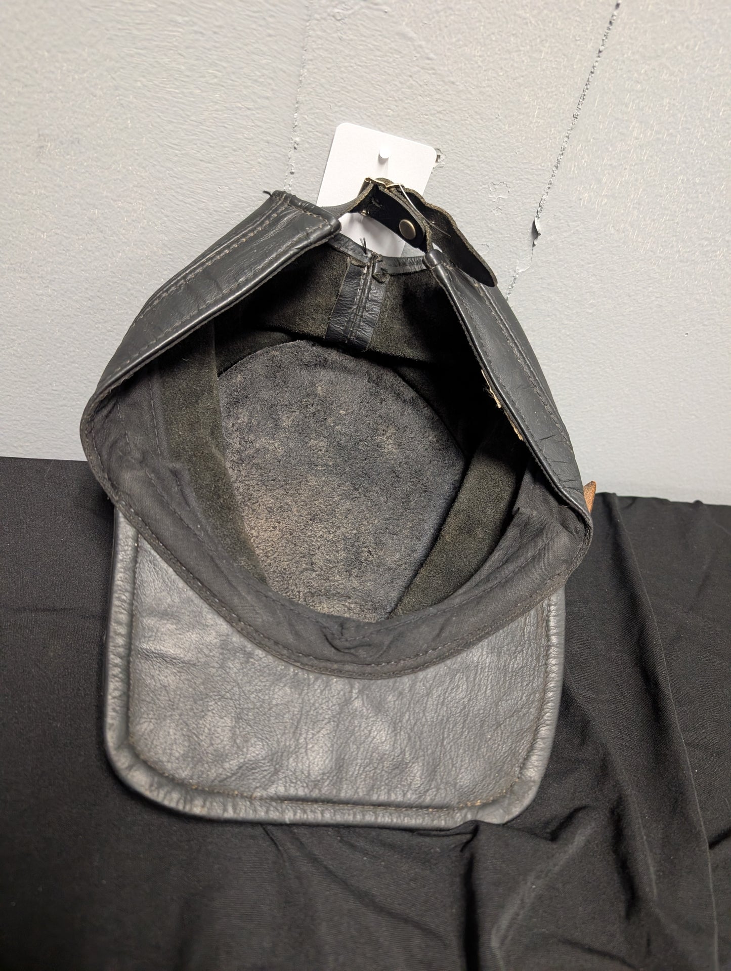 Vintage Black Leather Biker Hat – Adjustable Strap