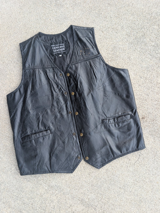 Vintage Genuine Leather Patchwork Vest – Black (Size XL)