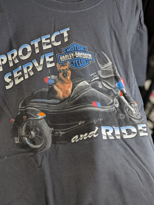 Protect Serve and Ride German Shepherd Police Dog in Sidecar Harley Davidson Stratman XL Men's Tshirt