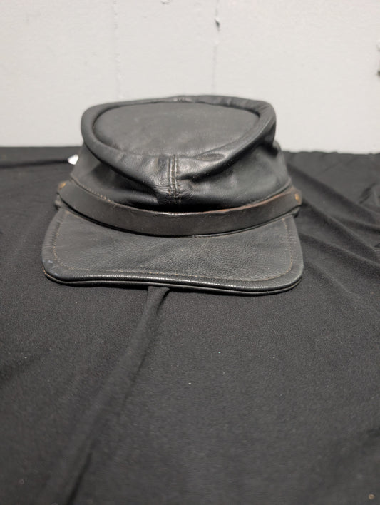 Vintage Black Leather Biker Hat – Adjustable Strap