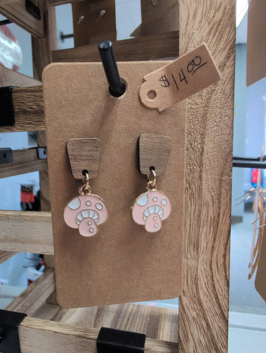 Wood & Mushroom Dangle Earrings - Locally handmade