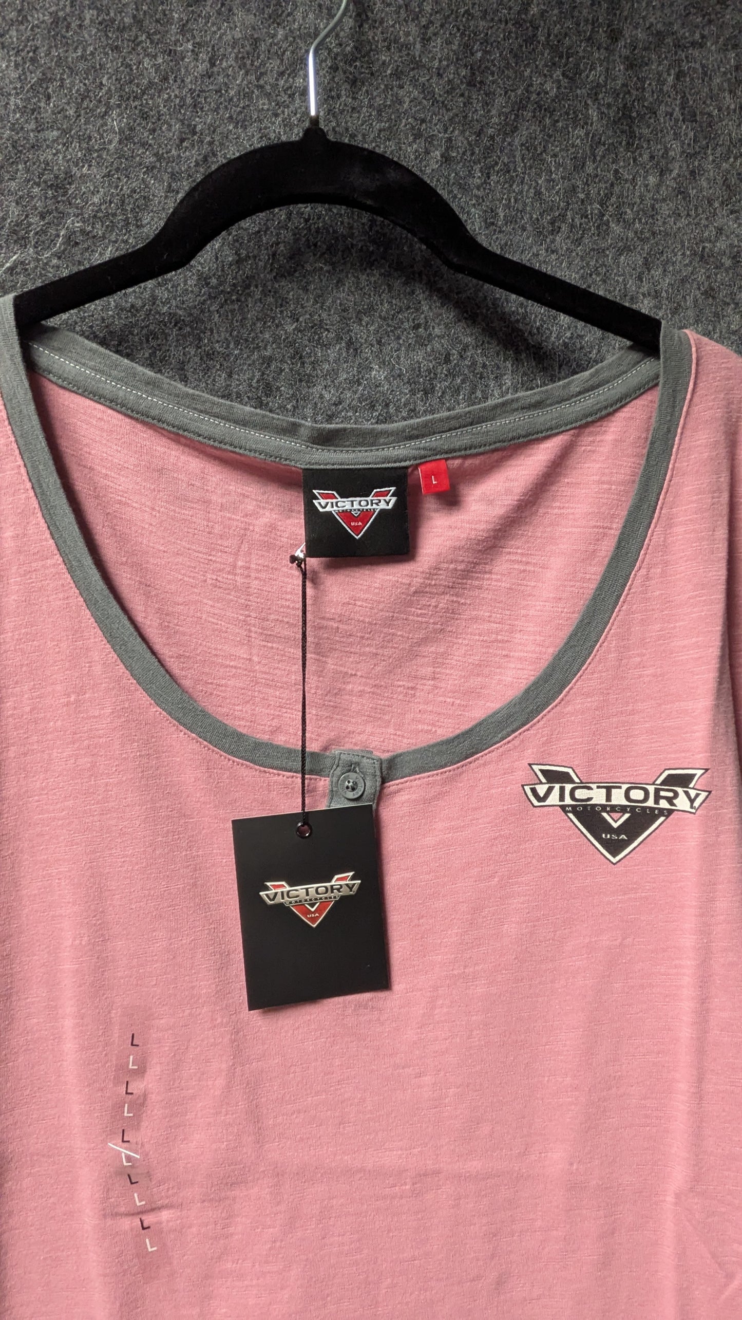 Victory Motorcycles Women’s Henley Scoop Tee – Pink & Grey Contrast – Size L (NWT)