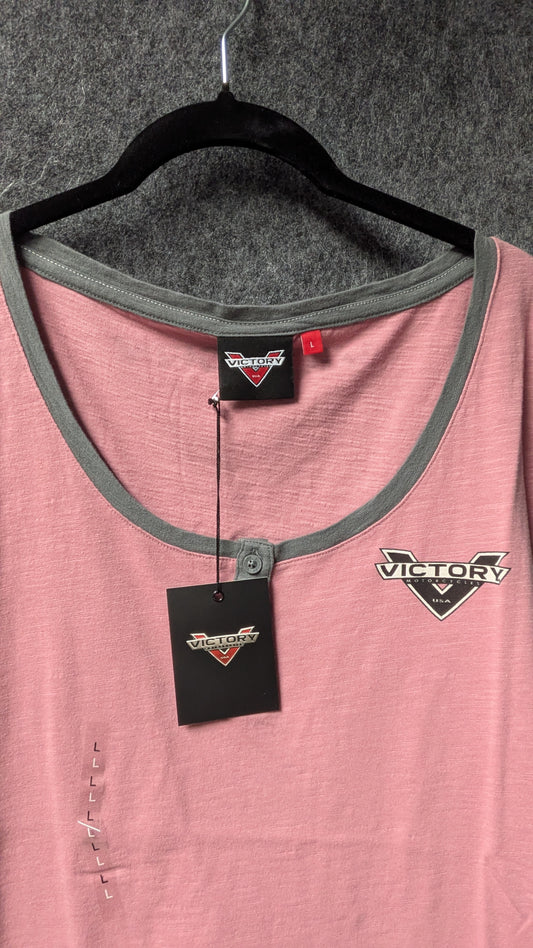 Victory Motorcycles Women’s Henley Scoop Tee – Pink & Grey Contrast – Size L (NWT)