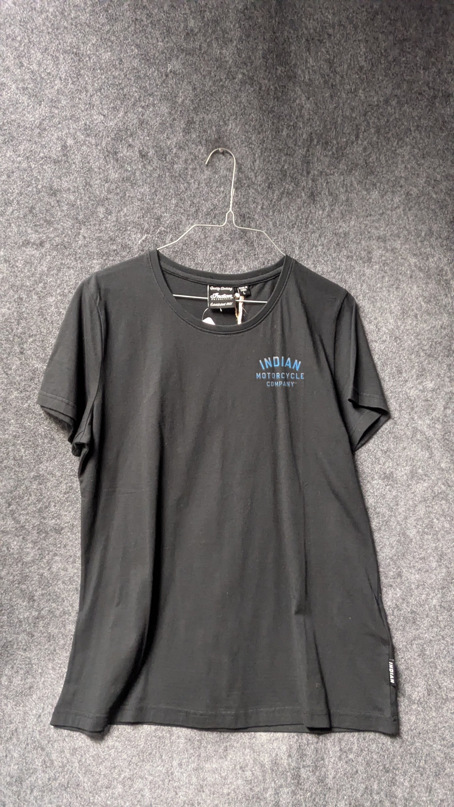Indian Motorcycle Women’s Classic Fit Tee – Black & Blue Logo – Size L (NWT)