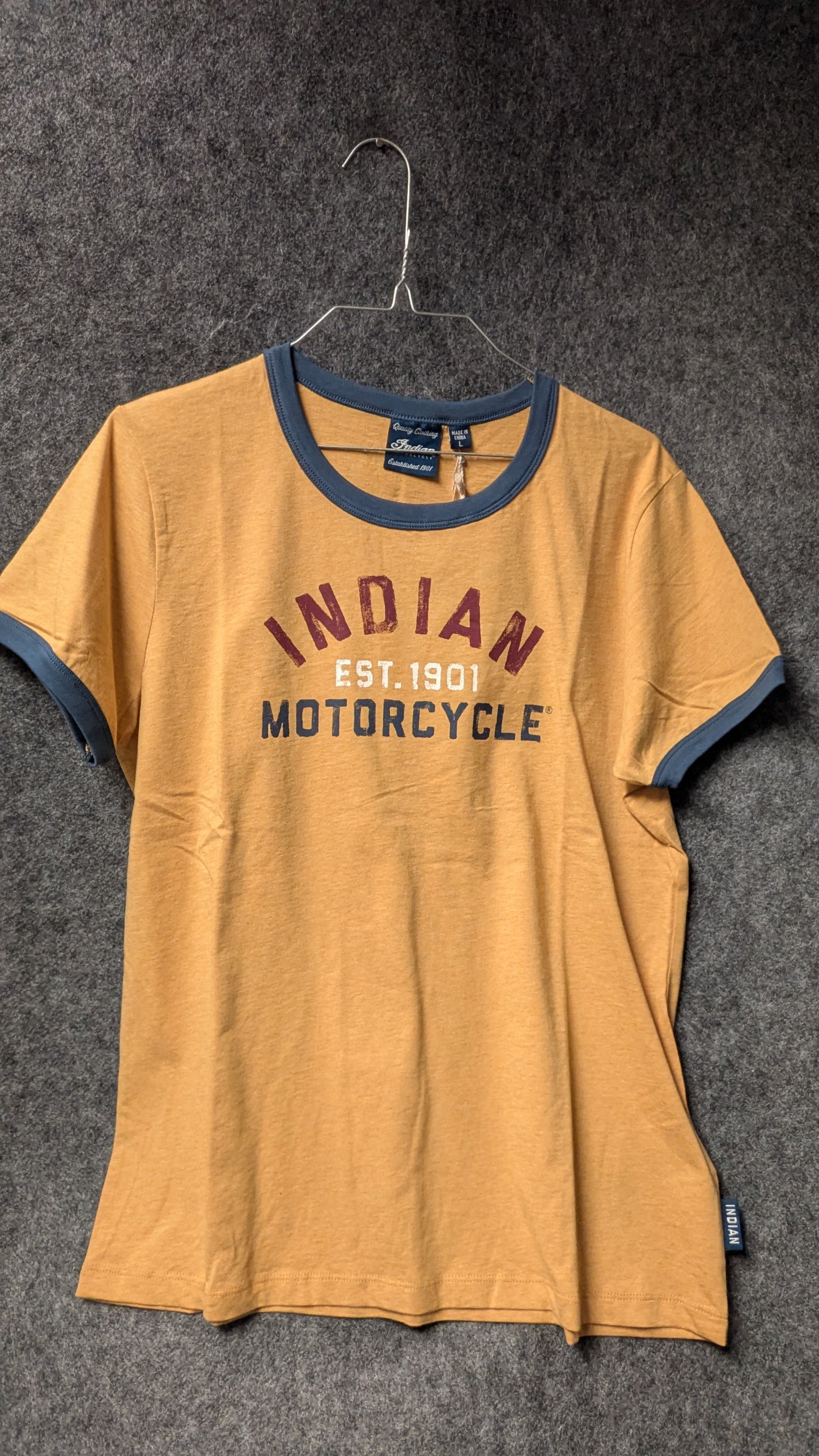 Indian Motorcycle Women’s Classic Fit Ringer Tee – Mustard Gold & Navy – Size L (NWT)