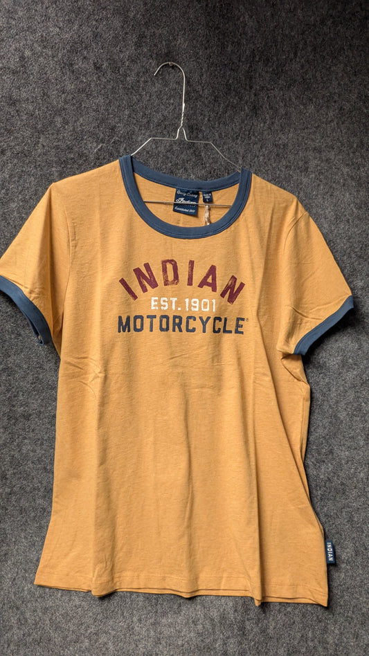 Indian Motorcycle Women’s Classic Fit Ringer Tee – Mustard Gold & Navy – Size L (NWT)