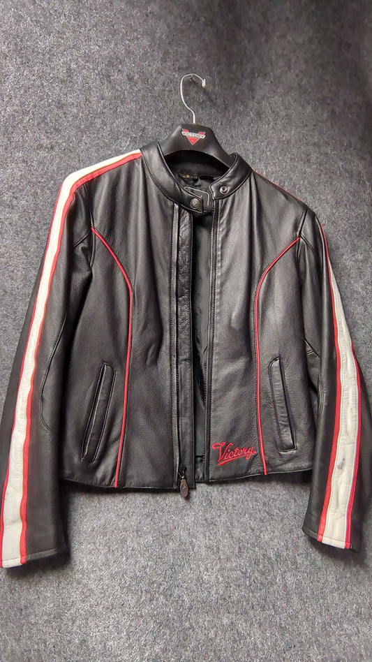 Victory Motorcycles Women’s Leather Riding Jacket – Black with Red & White Accents (Size M)