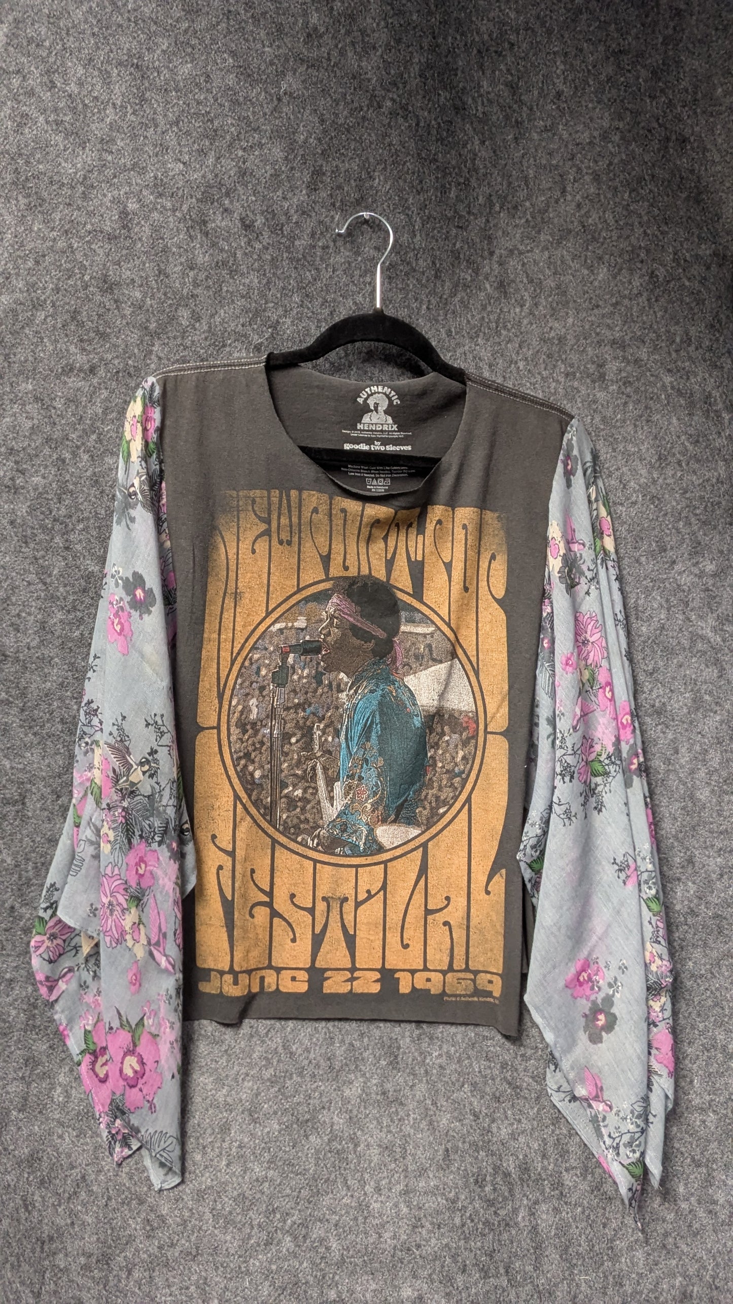 Jimi Hendrix Festival Graphic Top with Floral Boho Sleeves