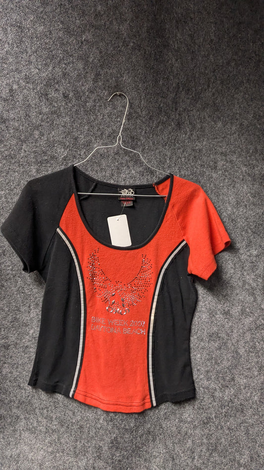 Biker Design Ladies Collection – Daytona Beach Bike Week 2007 Rhinestone Tee – Size L